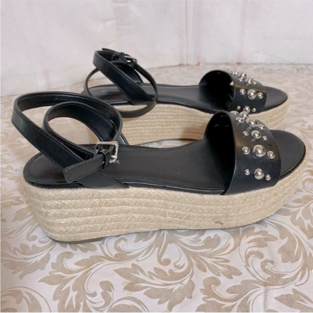 Marc Fisher Sandals Platform Espadrille Studded Black Leather Wrap Ankle Sz 8